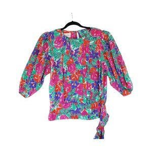 Vintage 80s 90s SUSAN FREIS Top M‎ Pleated Ruffle Floral Print 3/4 Sleeve Womens
